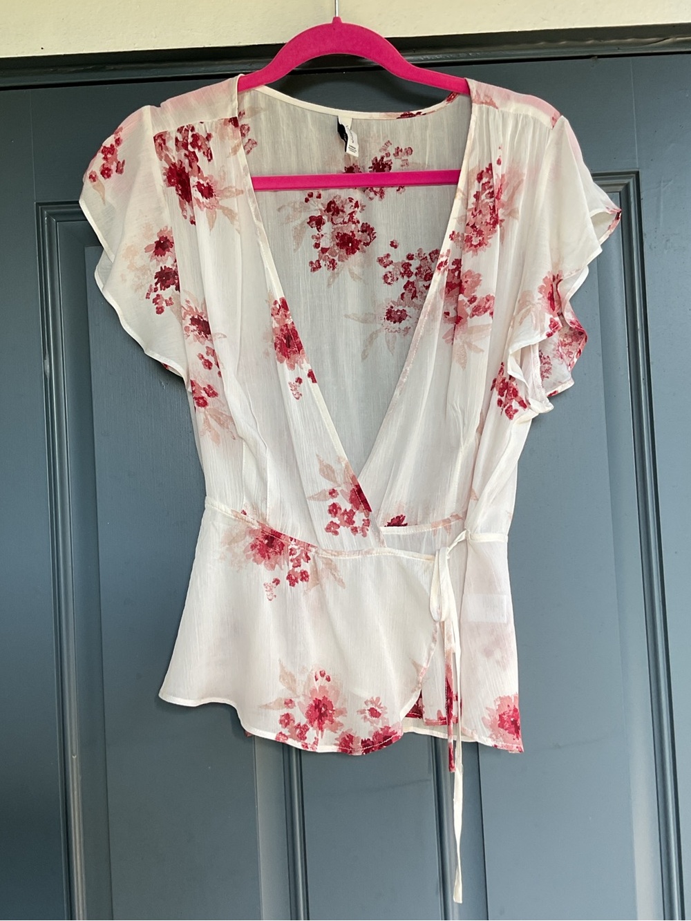 Floral Wrap Blouse - Cream with Red Floral Print